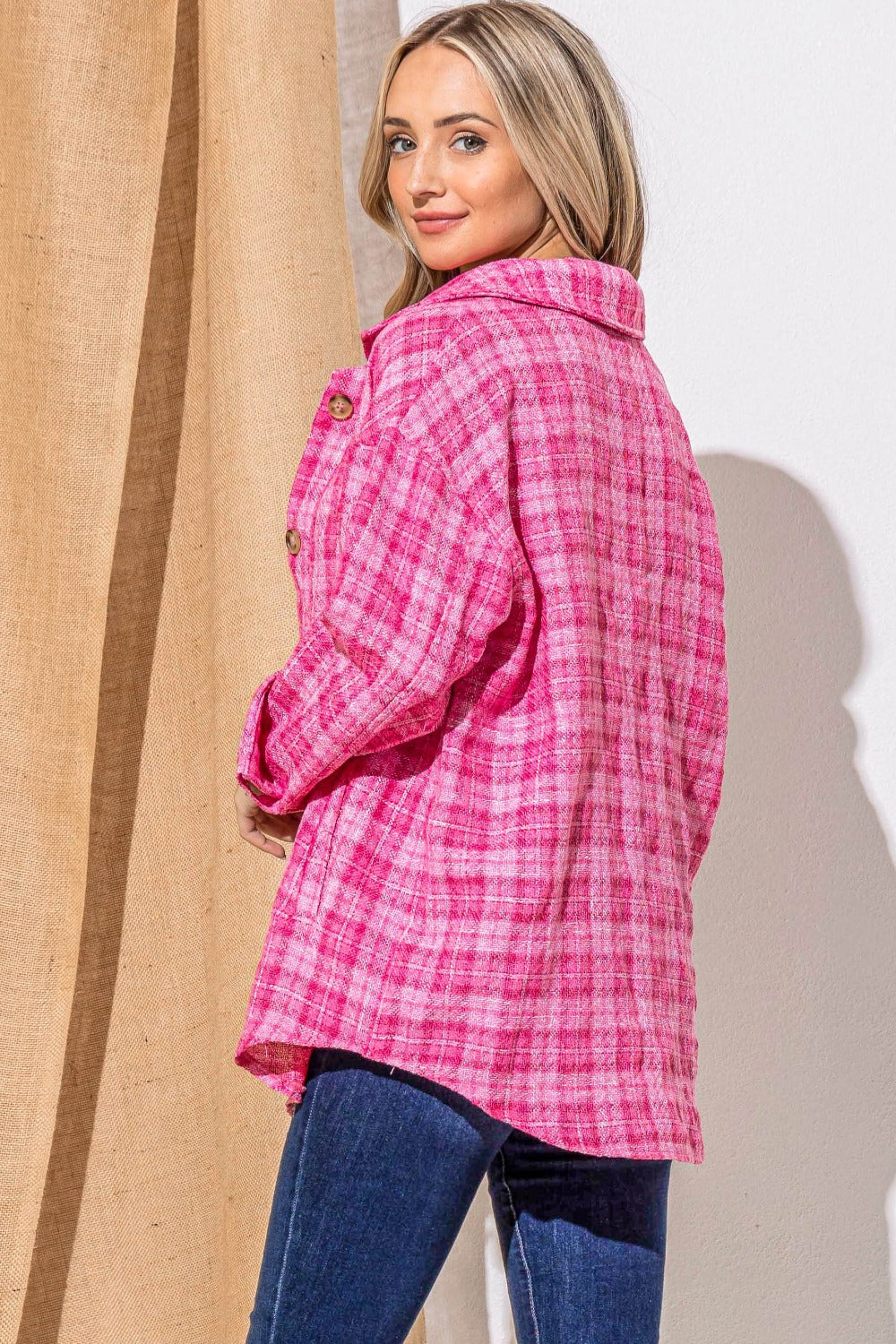 Pink Full Size Tweed Button Down Long Sleeve Shacket