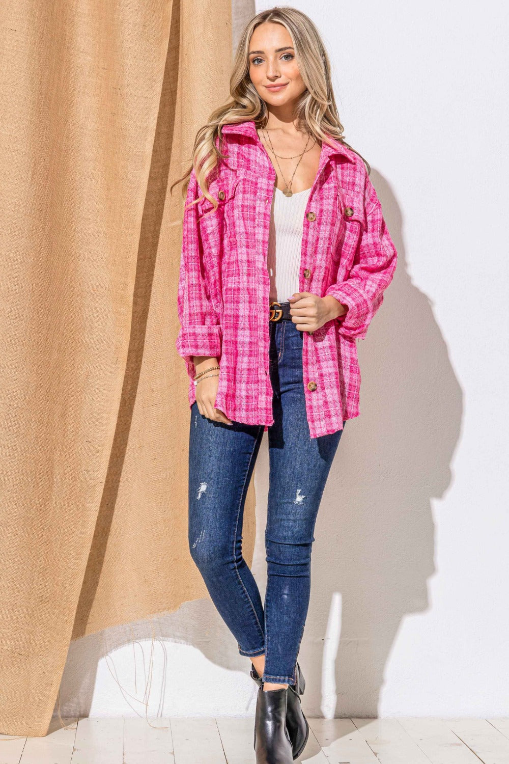 Pink Full Size Tweed Button Down Long Sleeve Shacket