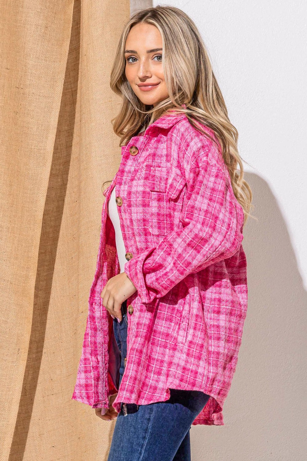 Pink Full Size Tweed Button Down Long Sleeve Shacket