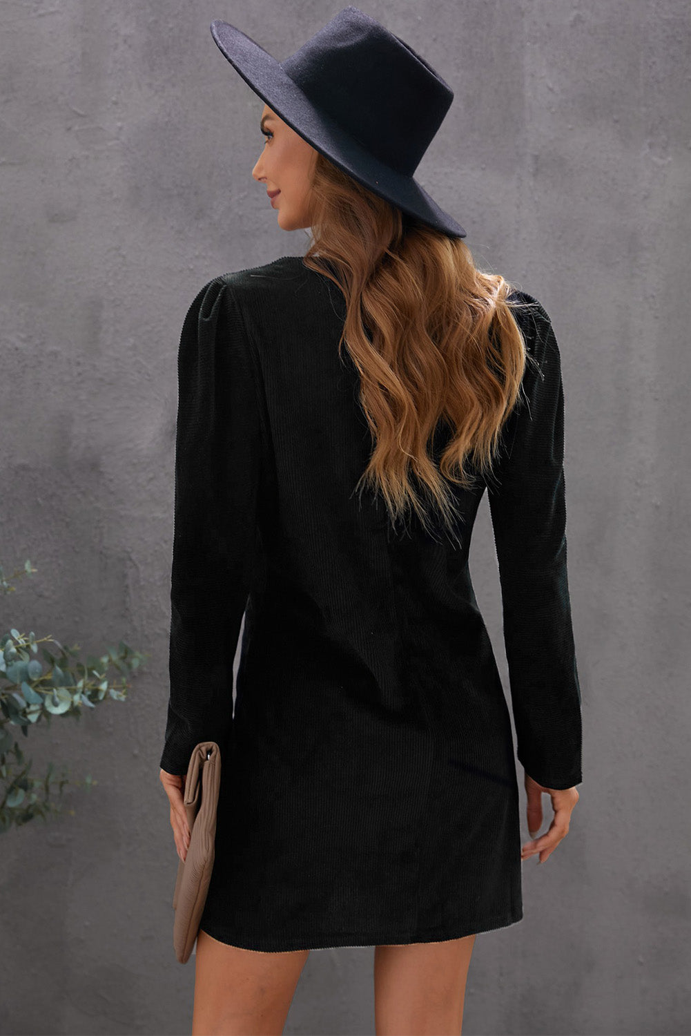 Long Puff Sleeve Soft Corduroy Dress - Blue Daisy Fashion Boutique