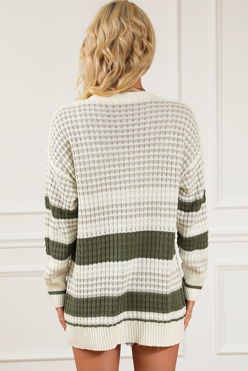 Green Striped Textured Knit Buttoned Cardigan- Slightly Oversized - Blue Daisy Fashion Boutique