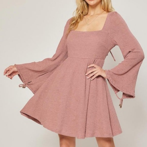 Waffle Knit Long Sleeve Dress - Blue Daisy Fashion Boutique