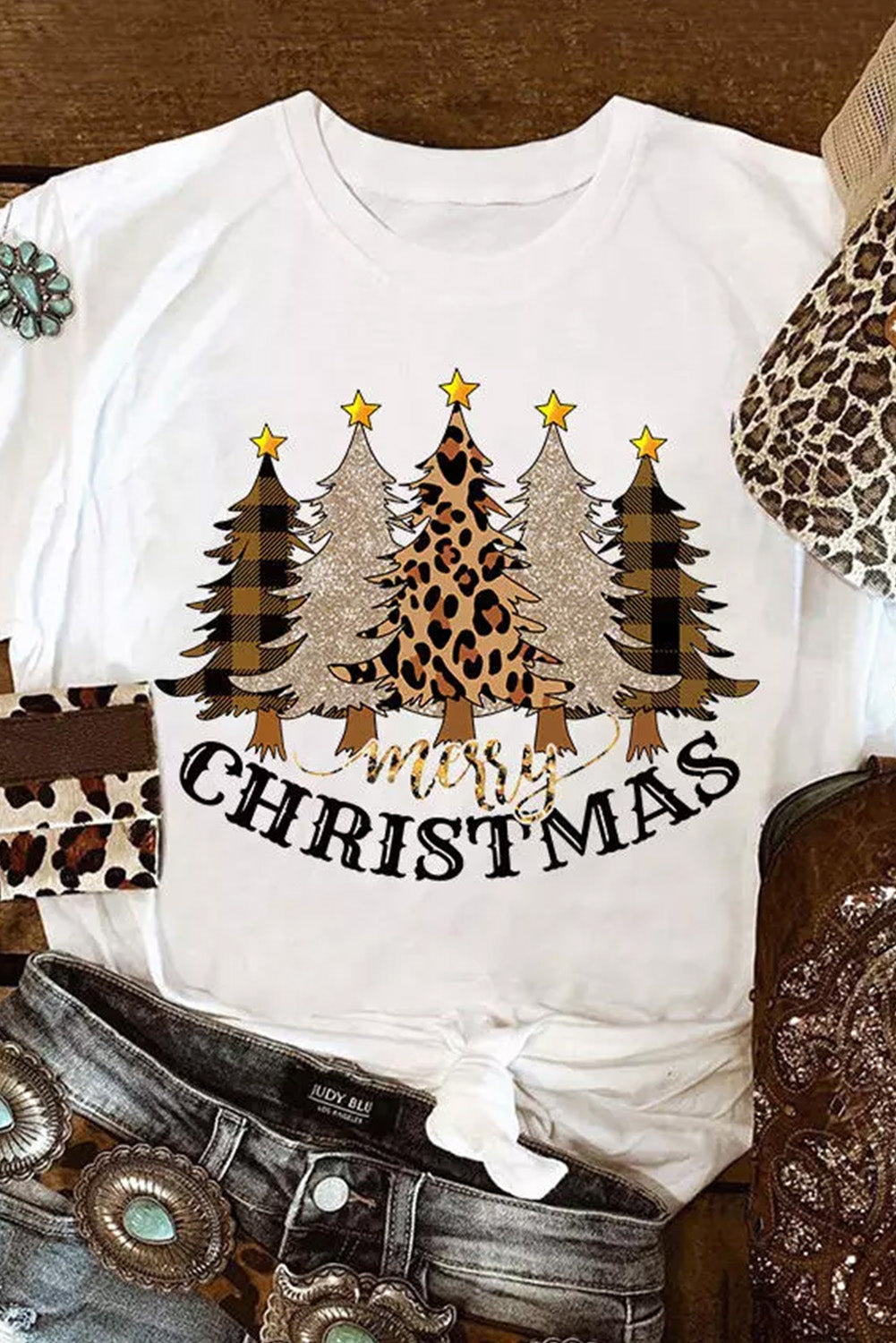 Merry Christmas Leopard Print Tshirt - Blue Daisy Fashion Boutique