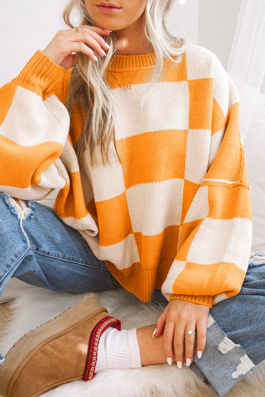 Orange Checkered Sweater - Blue Daisy Fashion Boutique