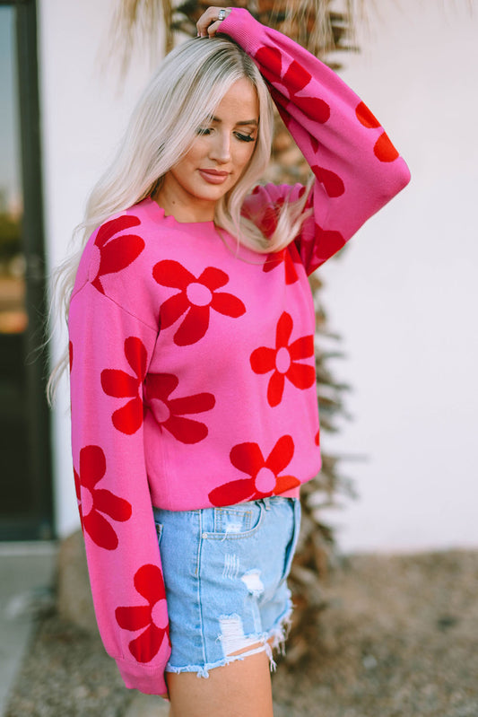 Pink & Red Retro Floral Sweater - Blue Daisy Fashion Boutique