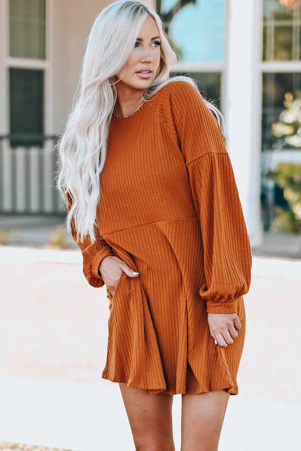 Long Sleeve Ribbed Empire Waist Dress- Rust - Blue Daisy Fashion Boutique