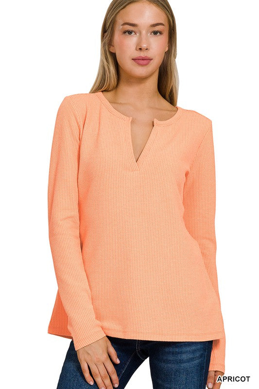 ZENANA BABY WAFFLE V-NECK LONG SLEEVE TOP- Apricot - Blue Daisy Fashion Boutique
