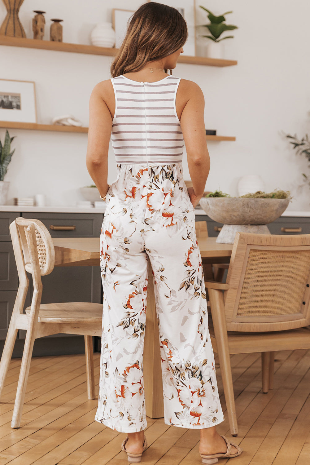 Striped Floral Jumpsuit With Pockets