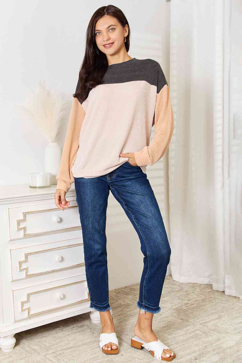 Double Take Color Block Dropped Shoulder T-Shirt - Blue Daisy Fashion Boutique