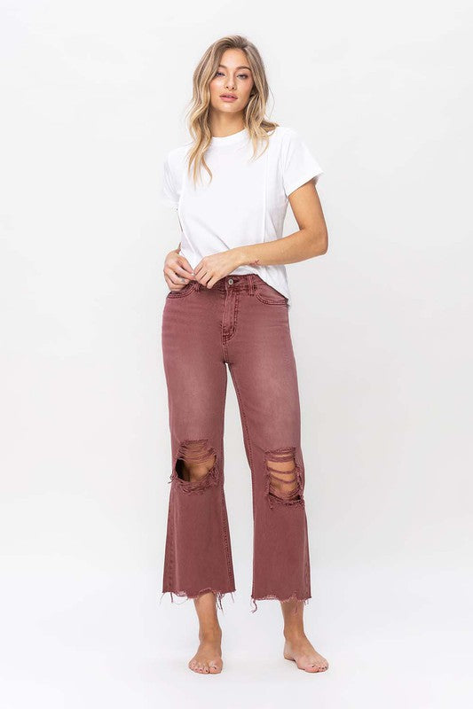 90's Vintage High Rise Crop Flare Jeans- Russet Brown