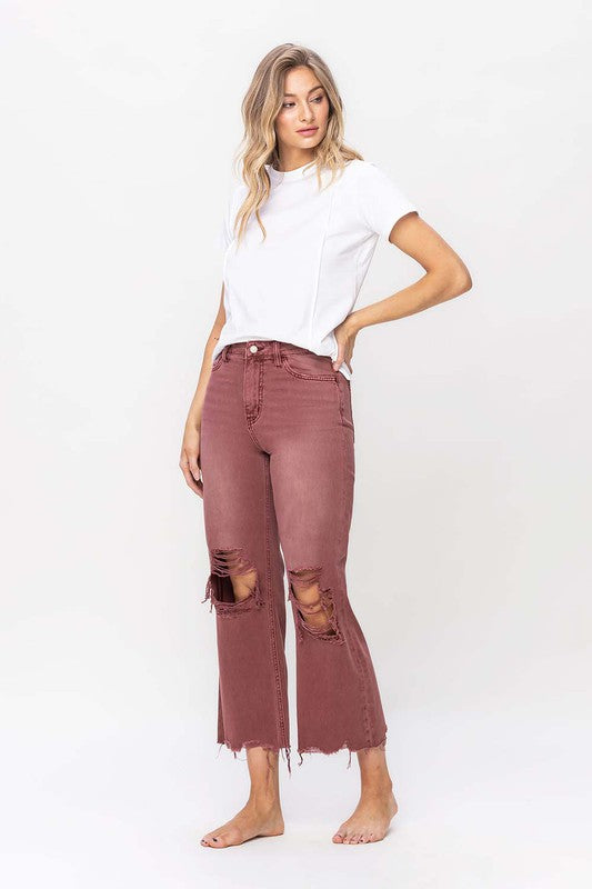 90's Vintage High Rise Crop Flare Jeans- Russet Brown