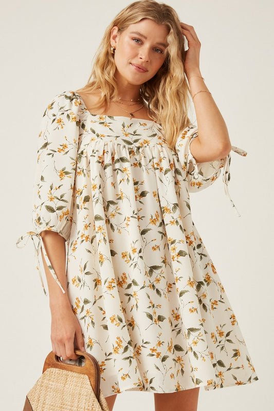 Yellow Floral Square Neck Dress - Blue Daisy Fashion Boutique