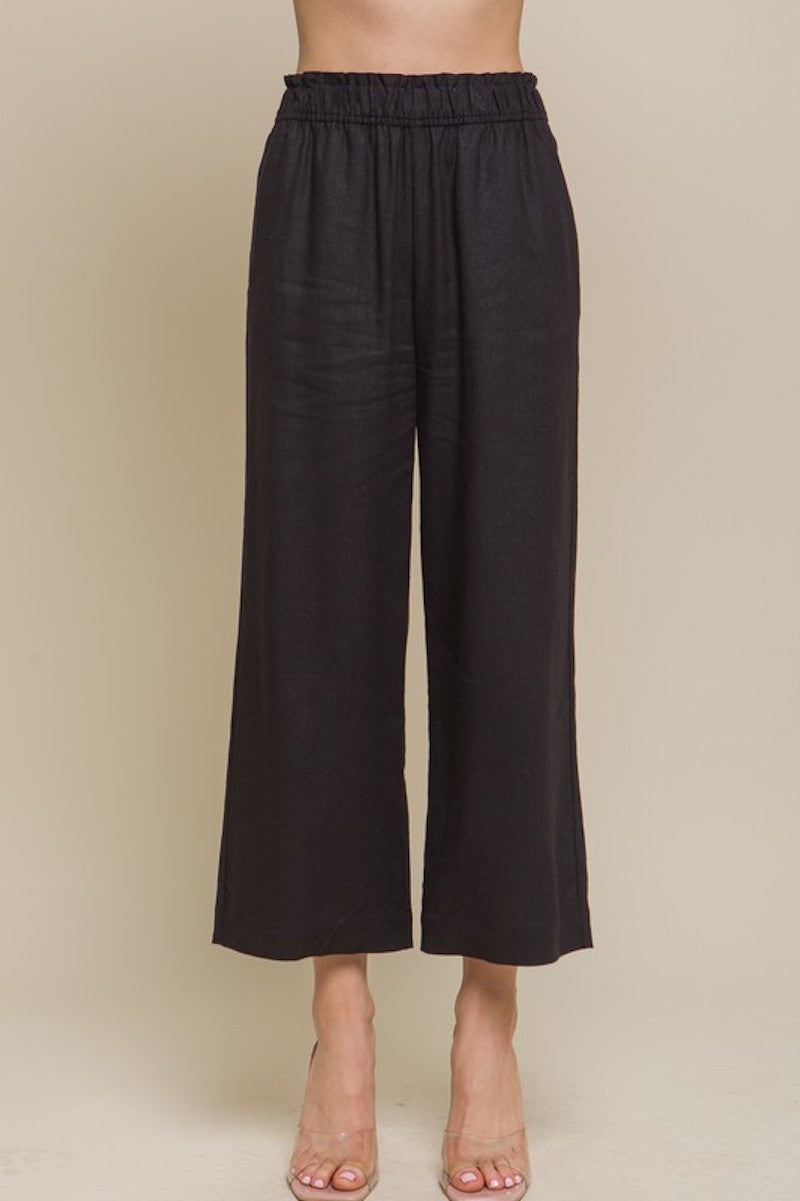 Black Elastic Waist Mixed Linen Cropped Pant