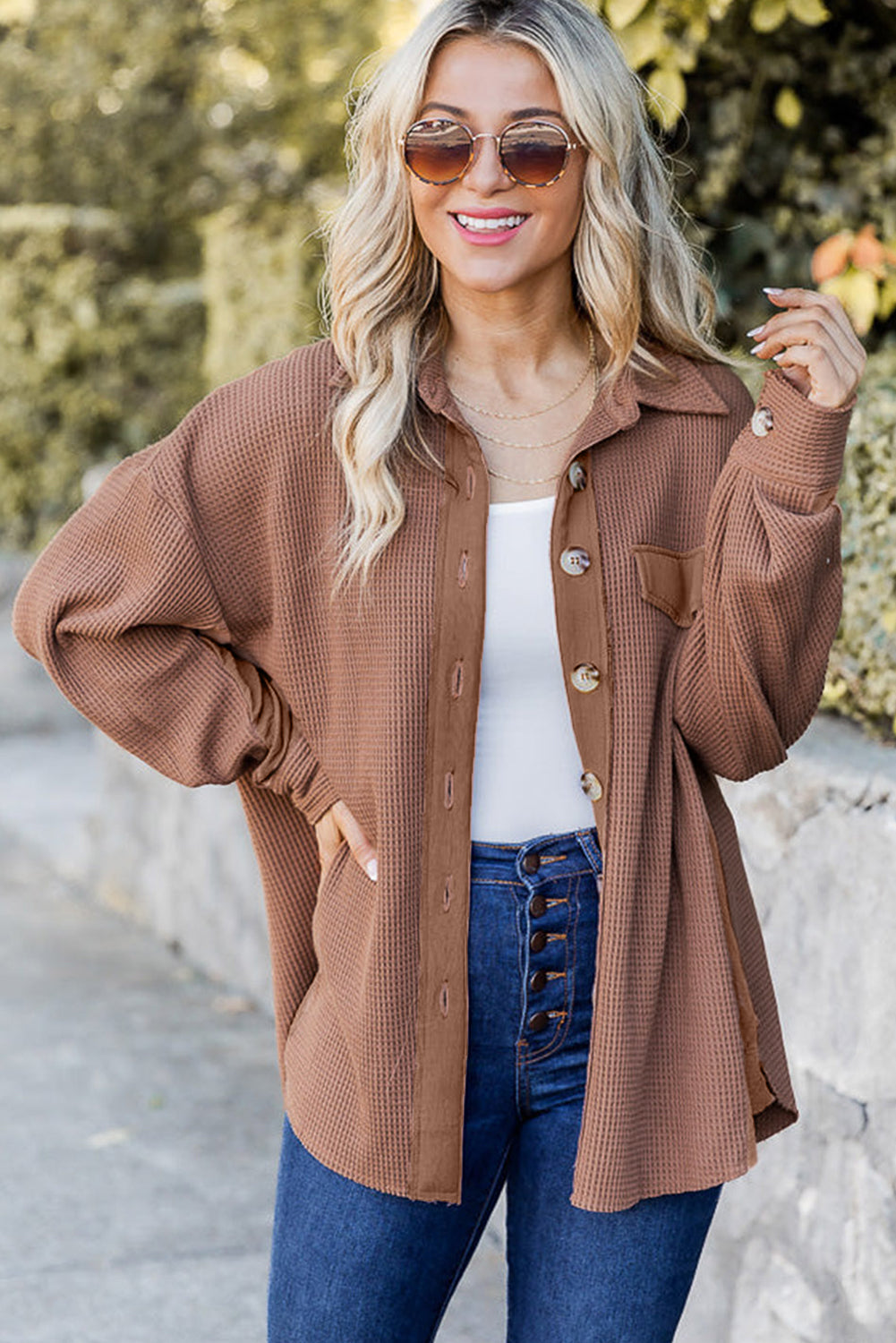 Brown Waffle Knit Button Down - Blue Daisy Fashion Boutique