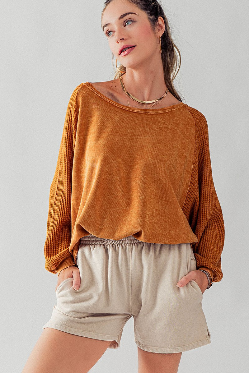 Burnt Orange Mineral Washed French Terry Sweatshirt - Blue Daisy Fashion Boutique