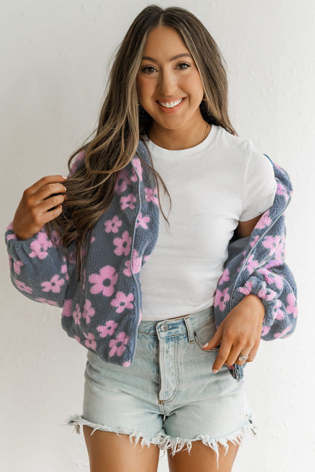 Daisy Fleece Jacket - Pink Flower Fleece - Blue Daisy Fashion Boutique