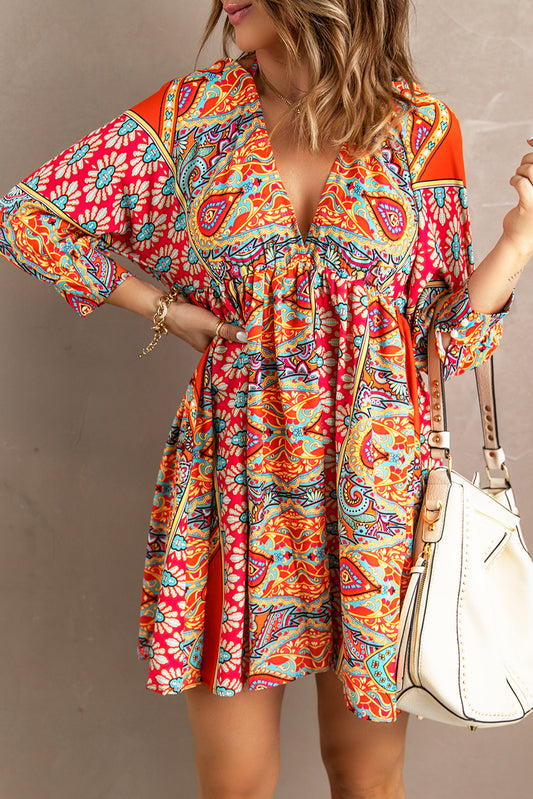 Multicolor 3/4 Sleeve Bohemian Vintage Print Mini Dress - Blue Daisy Fashion Boutique