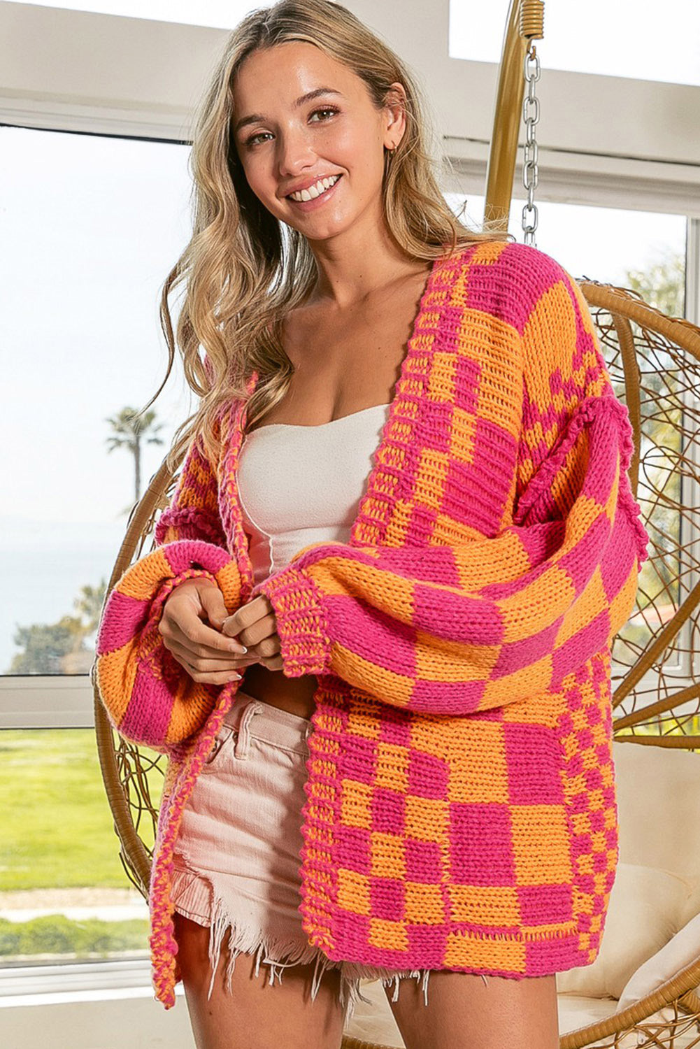 Orange & Pink Checkered Cardigan - Blue Daisy Fashion Boutique