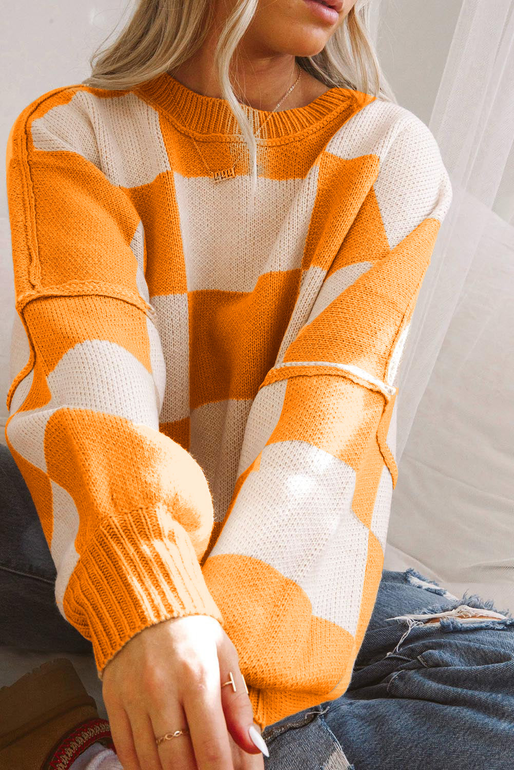 Orange Checkered Sweater - Blue Daisy Fashion Boutique