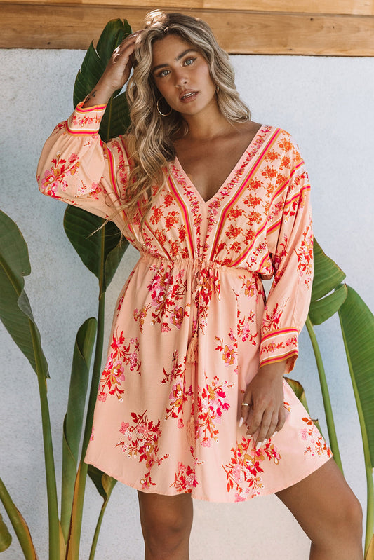 Floral Tassel Drawstring Kimono Dress - Blue Daisy Fashion Boutique