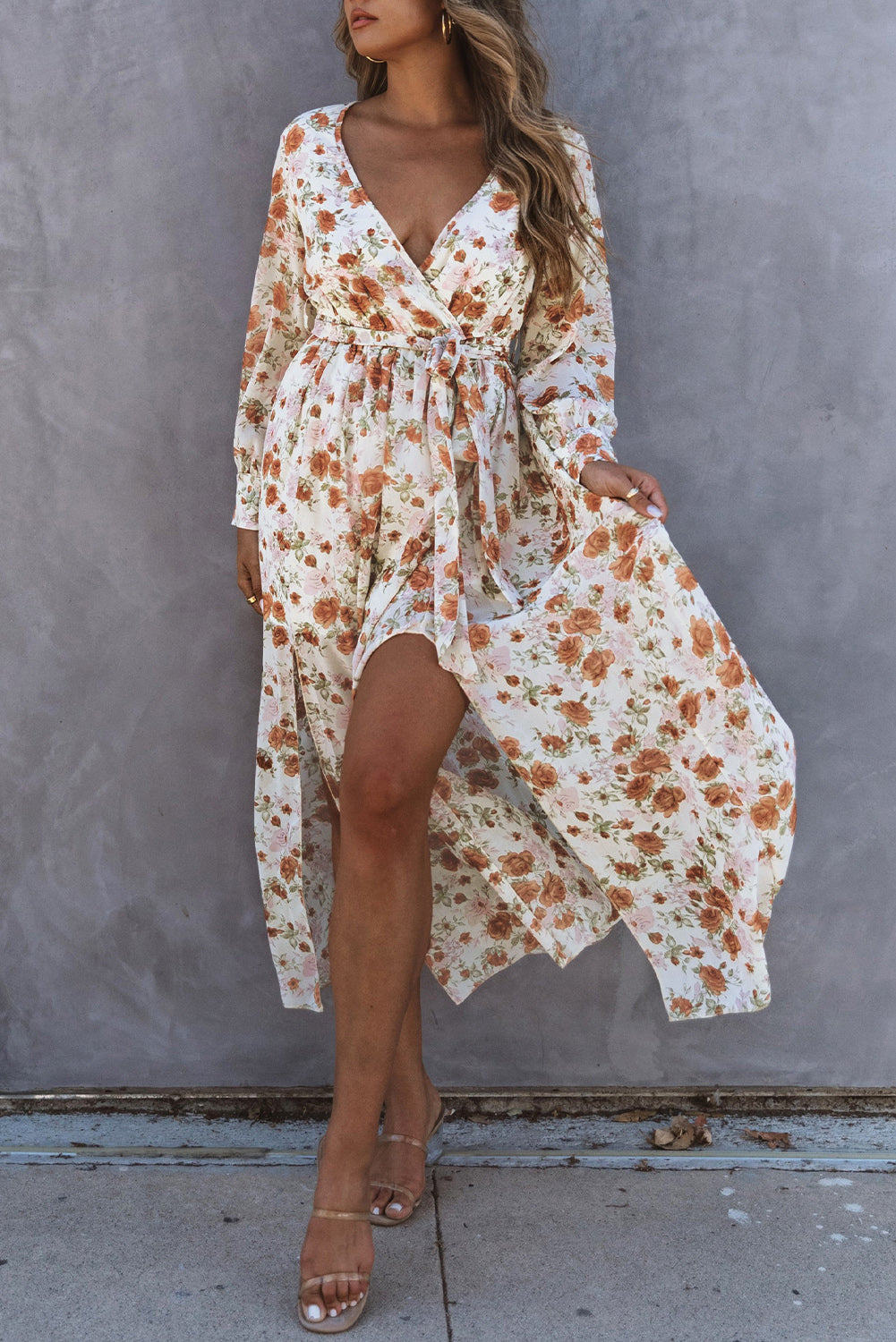 Orange Floral V-Neck Side Slit Maxi Dress - Blue Daisy Fashion Boutique