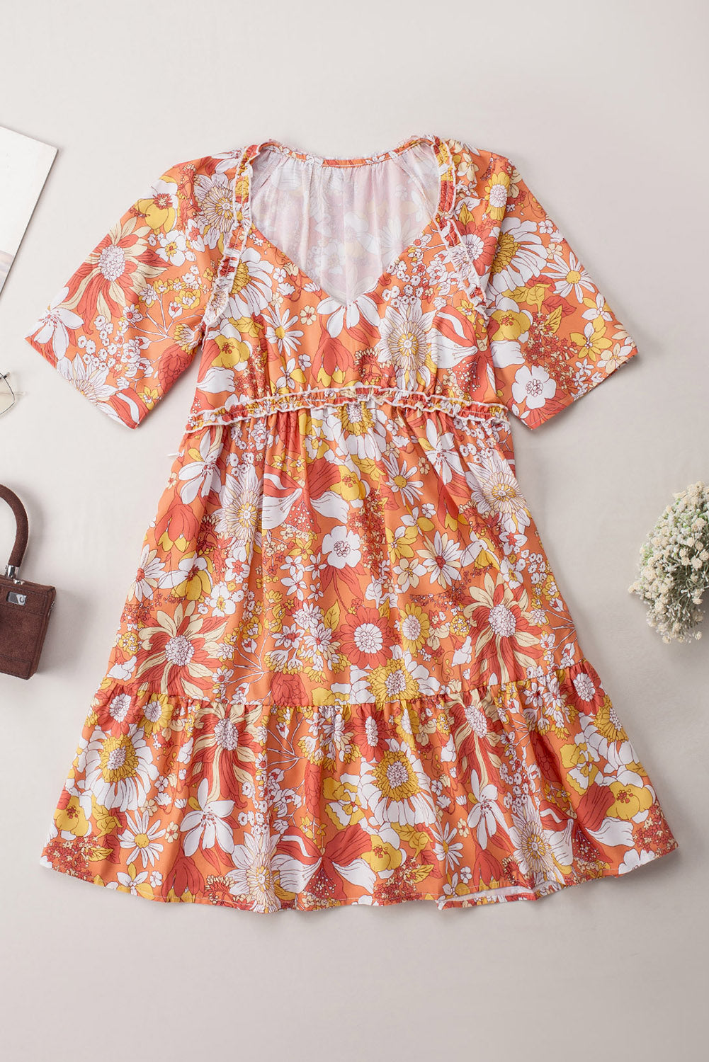 Orange Floral Flutter Sleeve Dress - Blue Daisy Fashion Boutique