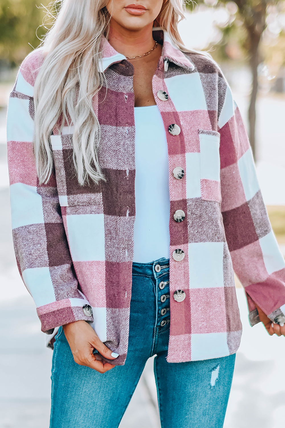 Pink Plaid Color Block Flannel Shacket - Blue Daisy Fashion Boutique