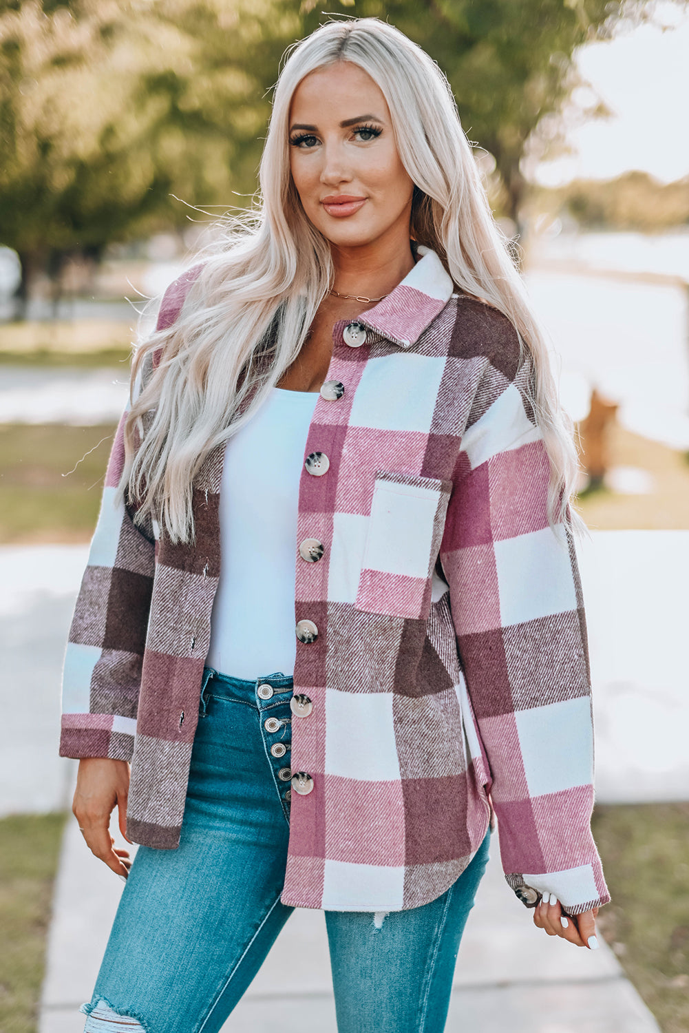 Pink Plaid Color Block Flannel Shacket - Blue Daisy Fashion Boutique