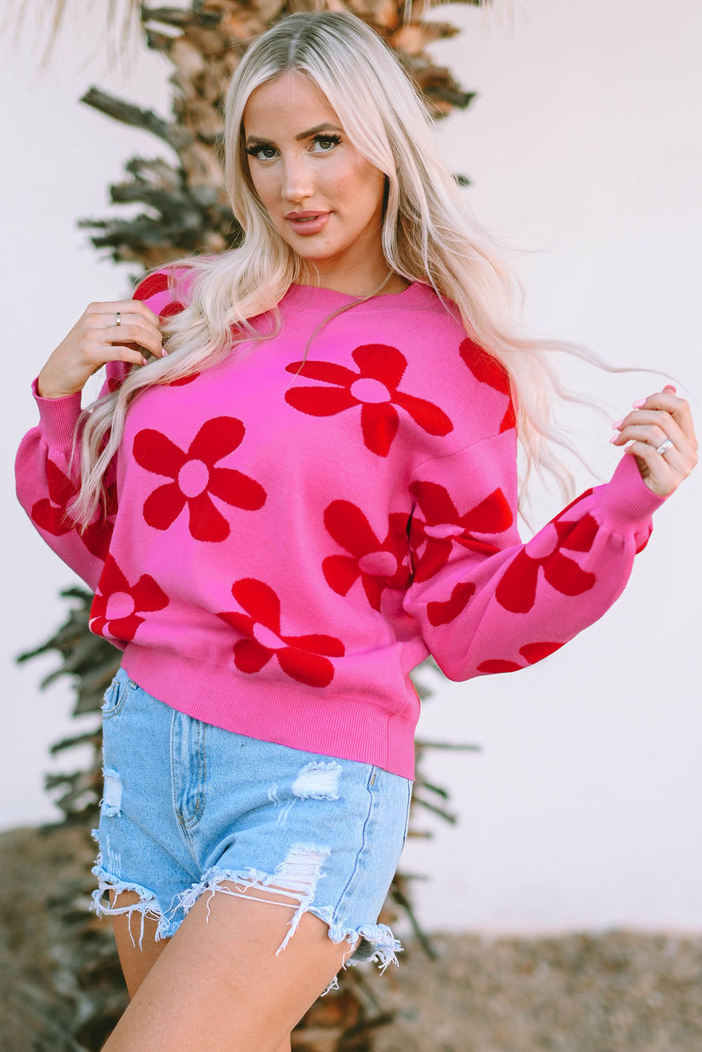 Pink & Red Retro Floral Sweater - Blue Daisy Fashion Boutique