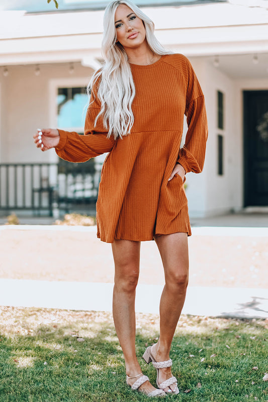 Long Sleeve Ribbed Empire Waist Dress- Rust - Blue Daisy Fashion Boutique